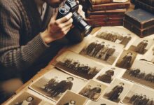 um fotografo, uma câmera, foto antiga preto e branco, livros, álbuns de fotos