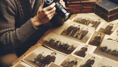 um fotografo, uma câmera, foto antiga preto e branco, livros, álbuns de fotos