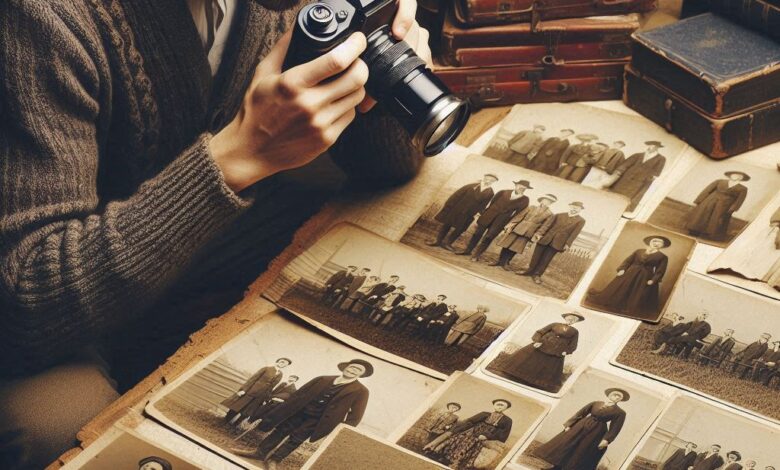 um fotografo, uma câmera, foto antiga preto e branco, livros, álbuns de fotos