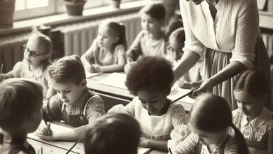 Crianças na escola, estudando com a professora