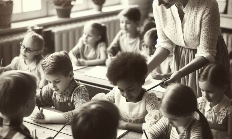 Crianças na escola, estudando com a professora