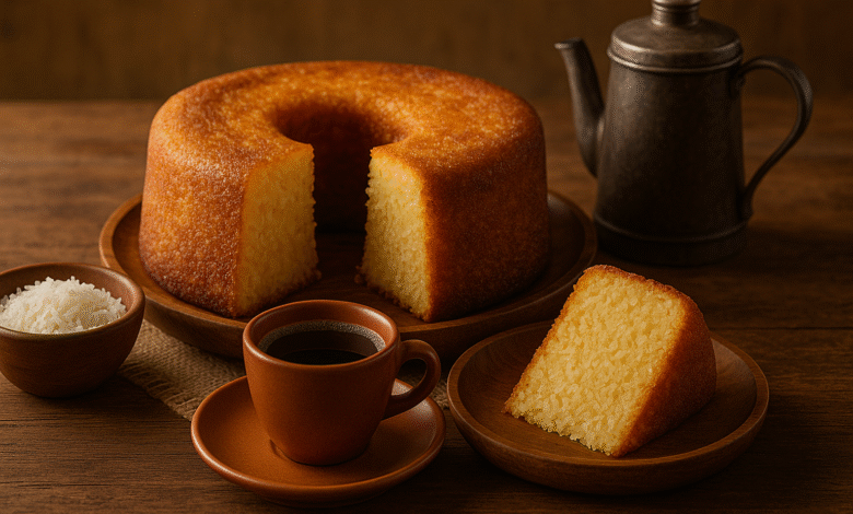 Bolo de mandioca da roça servido sobre mesa de madeira com café coado, evocando lembranças do interior.